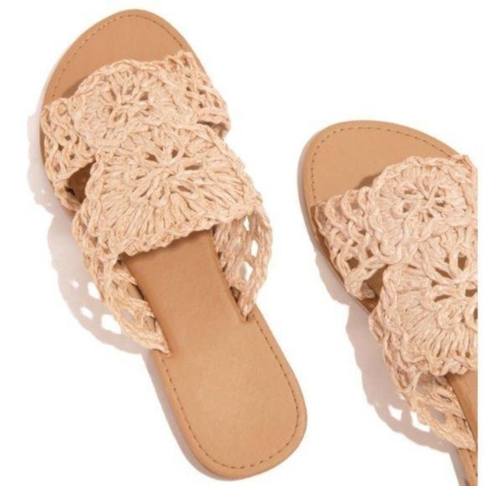 Woven Raffia Slide Sandals in Blush Nude - Picture 9 of 10